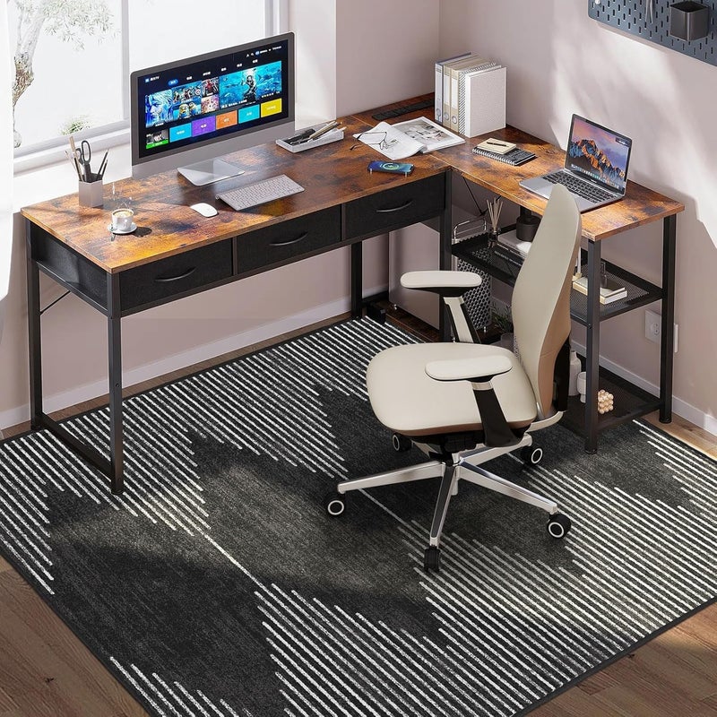 FURKIT حصيرة كرسي المكتب للأرضيات الخشبية، حصيرة مكتبية متينة بمقاس 48"x60" بنمط بوهو مخطط منخفض الوبر مع قاعدة غير قابلة للانزلاق، واقي أرضي سهل الانزلاق لأرائك متحركة - Image 1